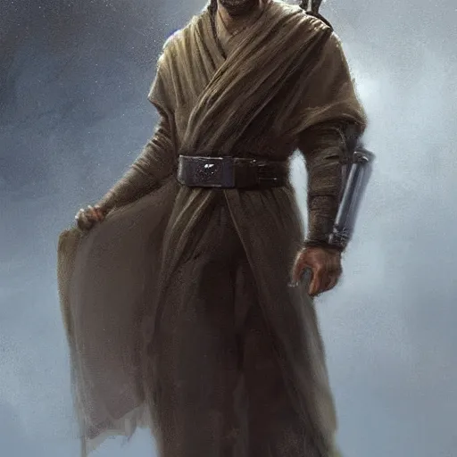 Prompt: portrait of a man by greg rutkowski, jedi master col skywalker, short messy hair, wearing jedi robes, star wars expanded universe, highly detailed portrait, he is about 5 0 years old, digital painting, artstation, concept art, smooth, sharp foccus ilustration, artstation hq