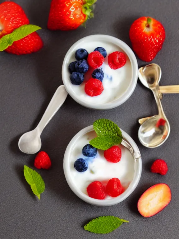 Image similar to miniature diorama of yogurt with spoon with fruits colorful