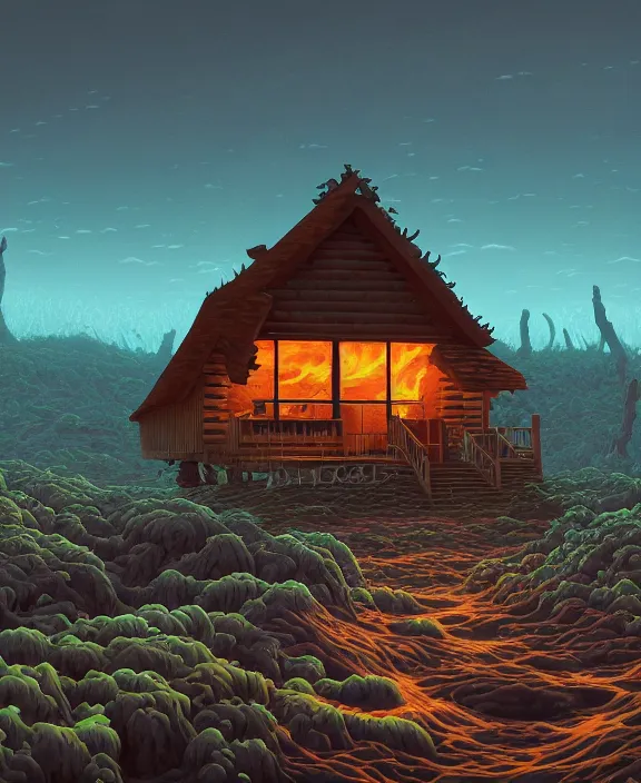 Image similar to simplicity, an elegant cabin made out of exotic fungus, overgrown with creepy blobs, organic, partly cloudy, hellscape, hell, fire, brimstone, lava, by dan mumford, yusuke murata, makoto shinkai, ross tran, cinematic, unreal engine, cel shaded, featured on artstation, pixiv