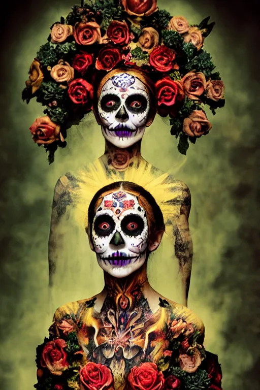 Image similar to heliography, virgin mary in dia de muertos dress and make up, horrific beautiful vibe, evocative, atmospheric lighting, painted, intricate, highly detailed, leesha hannigan, wayne haag, reyna rochin, ignacio fernandez rios, mark ryden, iris van herpen, stunning, gorgeous, sharp focus, cinematic, masterpiece