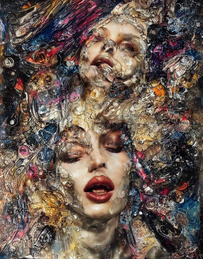 Prompt: elegant celestial orgasm detailed and highly reliefed analogue mixed media collage with canvas texture in style of conteporary art, punk art, hyperrealistic beautiful face, photorealistic, expressionism, masterpiece, perfect composition, spectacular quality, intricate oil details