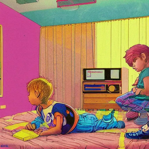 Prompt: kids playing nintendo, 90s bedroom, happy, colorful Epic portrait by james gurney and mœbius,