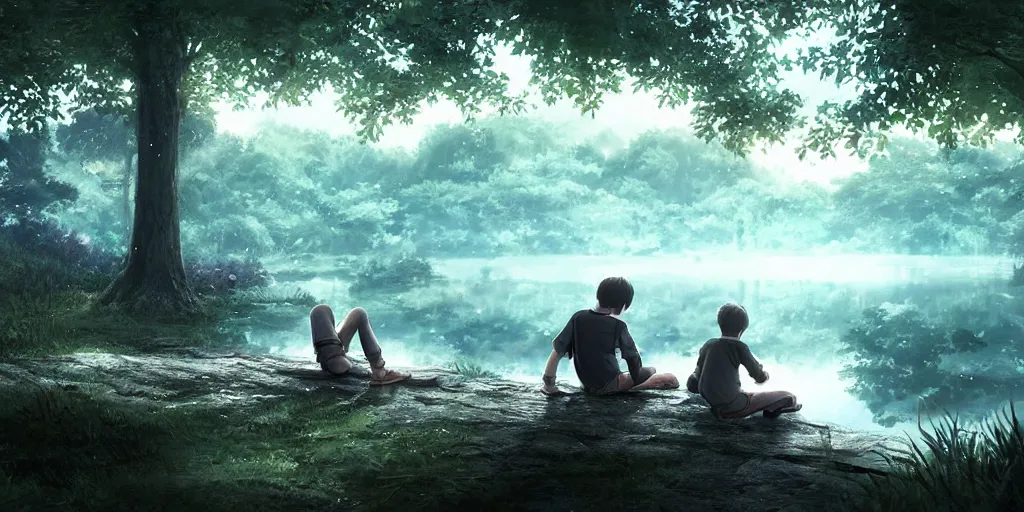 Image similar to a silver dragon and a boy sitting next to lake in forest, many fireflys, at night, concept art, dof, cryengine, digital art, detailed background, makoto shinkai