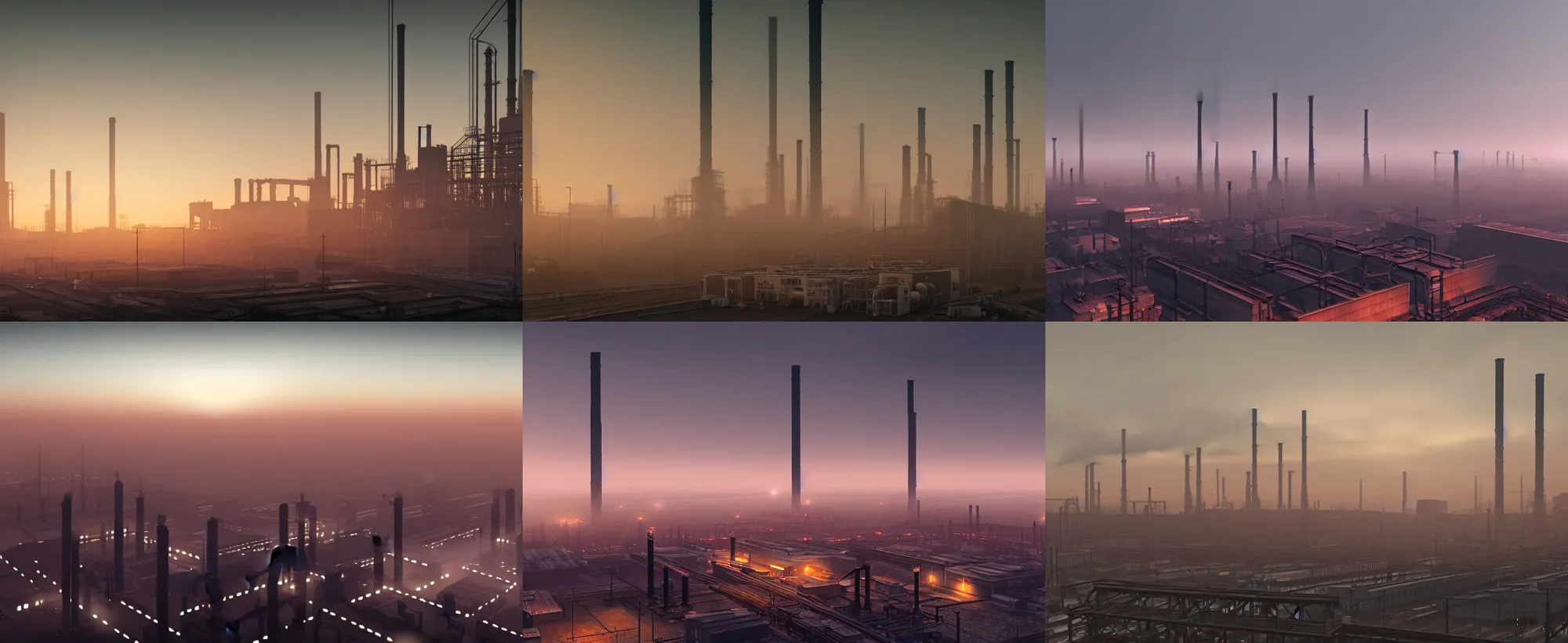 Prompt: photorealistic image of endless industrial factories. dusk. fog. gritty. 8K. detailed. technical. artstation. 25mm f/1.7 ASPH Lens. ultra realistic
