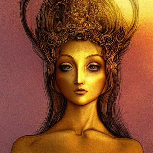 Prompt: brass woman, golden hour, illustration by Brian Froud and John Bauer, finger blend shading