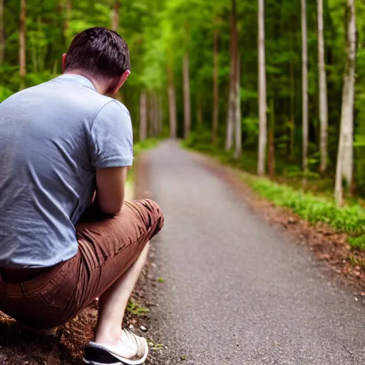 Prompt: A man sitting on a beautiful road in a forest with tall Nutmeg trees lined up on the side of the road with his back to the camera, professional photography