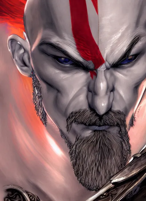 Prompt: portrait of a psychedelic kratos from god of war, digital painting masterpiece, advanced lighting technology, stylized yet realistic anatomy and face, gorgeous, by reiq and bengus and akiman and shigenori soejima and bastien vives and balak and michael sanlaville and jamie hewlett, 4 k wallpaper, cinematic, gorgeous brush strokes, coherent and smooth