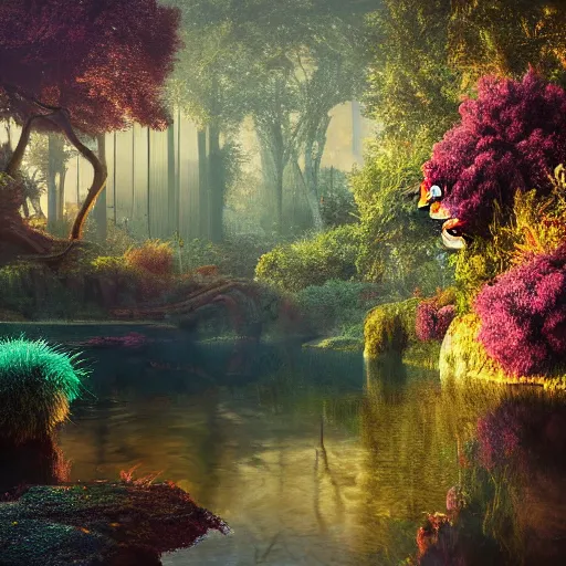 Image similar to soft painting rooster reflection refraction world synthwave ruins ponds alien vegetation, accurate features, focus, very intricate ultrafine details, black autumn, dense fog, award winning masterpiece, octane render 8 k hd, fantasy