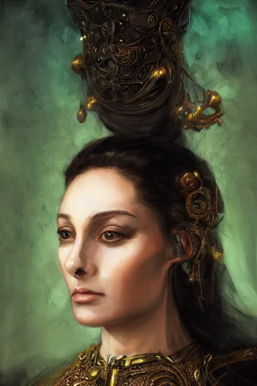 Prompt: portrait, headshot, digital painting, of a 17th century, beautiful, middle aged, middle eastern, wrinkles, decadent, cyborg noble woman, dark hair, amber jewels, baroque, ornate dark green opulent clothing, scifi, futuristic, realistic, hyperdetailed, concept art, chiaroscuro, side lighting, art by waterhouse