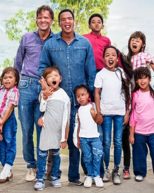 Prompt: a man with five children protecting a jeans and screaming