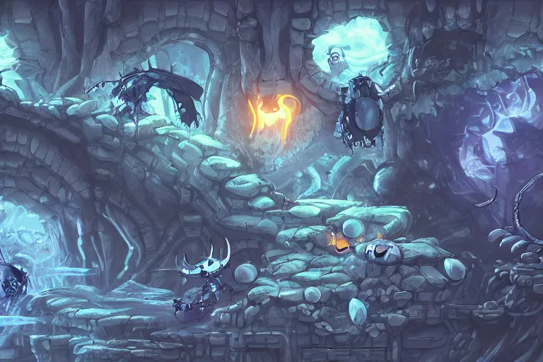 Image similar to 2 d metroidvania map with a stage boss, hollow knight inspired, concept art, digital painting, trending on artstation, highly detailed, epic composition, 8 k uhd