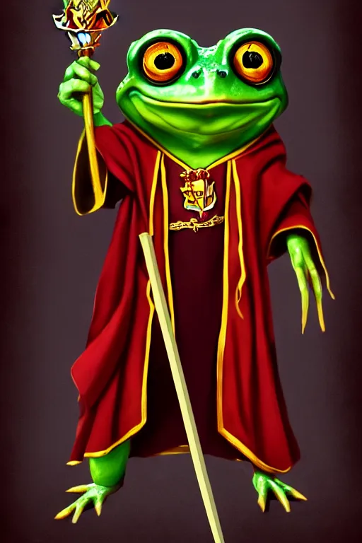 Prompt: harry potter frog mage in a gryffindor form, magic wand, in hogwarts, high details, best composition, dramatic pose, 4 k