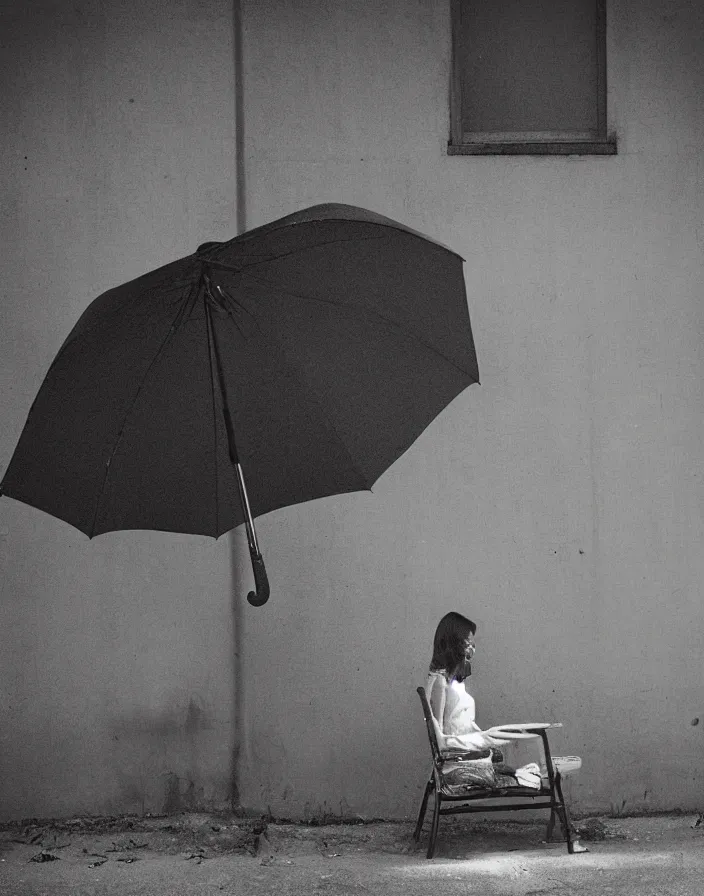 Image similar to “ photography in the style of gregory crewdson, quiet american neighborhood, a woman waiting with a black umbrella ”