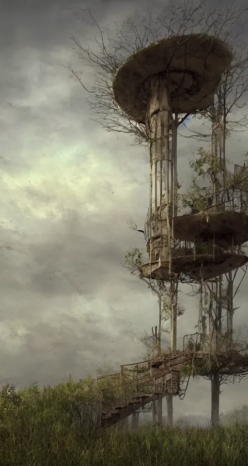 Image similar to tree - house on a rusty broken building constructions of a giant spiral upside - down staircase for multiple cases, leading to the sky, the ruins, in the steppe, summer field, misty background, from the game pathologic 2, highly detailed, sharp focus, matte painting, by isaac levitan and asher brown durand,