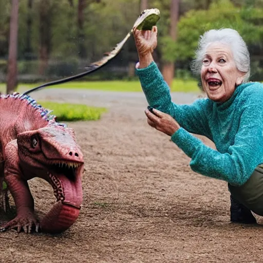 Prompt: a lady playing fetch with her pet dinosaur,