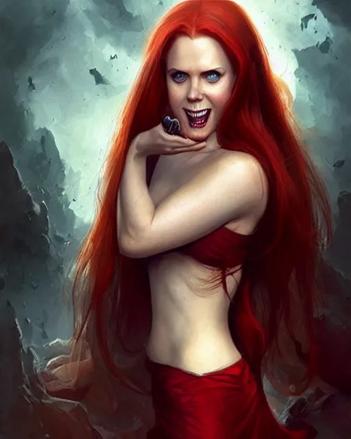 Image similar to style of marc simonetti : : gorgeous vampire amy adams : : sharp teeth fangs, open mouth sneer : : symmetrical face, symmetrical eyes : : gorgeous red hair : : magic lighting, low spacial lighting : :