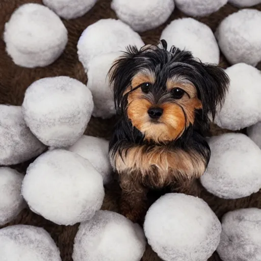 Prompt: yorkiepoo sitting in a pile of mochi, realistic, hd