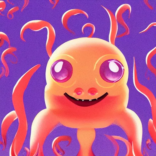 Prompt: a cute illustration of a smiling blobby squid jelly creature with three eyes, two horns on top of his head