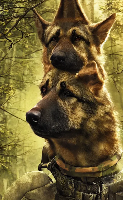 Image similar to close up character portrait icon of the german shepard beast - man military uniform head animal person wearing clothes standing in the bright forest, hidari, color page, tankoban, 4 k, tone mapping, akihiko yoshida