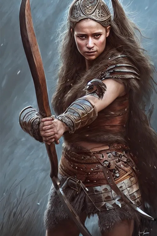 Prompt: gorgeous!! hyper - realistic woman resembling alicia vikander as a battle - worn viking warrior wielding a giant axe | intricate, highly detailed, digital painting, character design, character concept art | drawn by wlop, drawn by jeehyung lee, drawn by artgerm, drawn by peter kemp