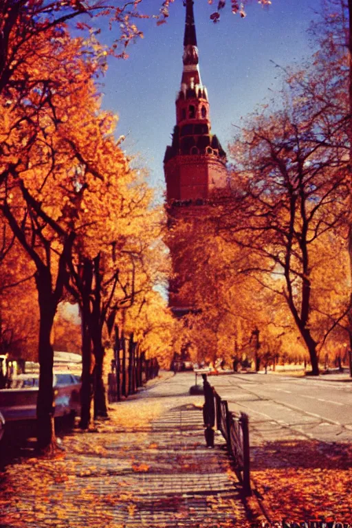 Image similar to a lomographic photo of moscow, autumn, cinestill, bokeh