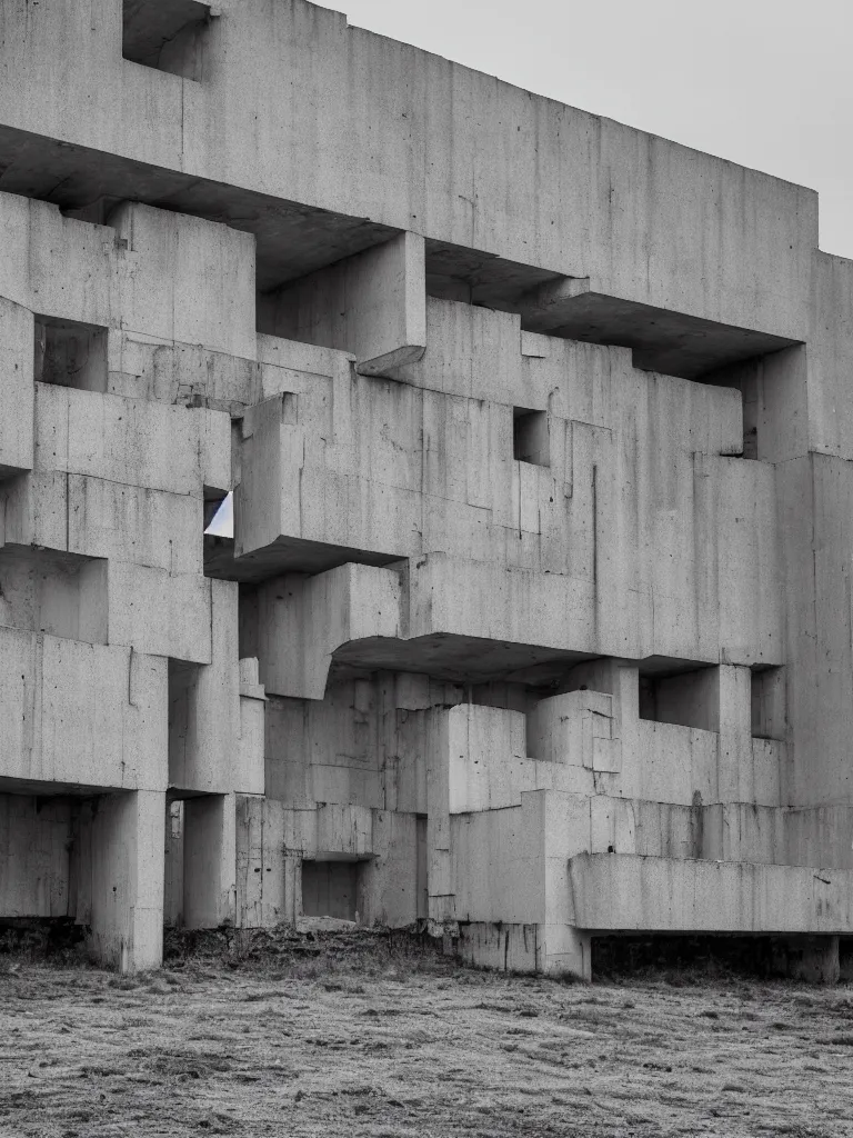 Prompt: High resolution black and white photograph with a 22 mm F/12.0 lens of a Brutalist architectural building in Bulgaria in the 1970s in the middle of a deserted nowhere while foggy and cloudy.