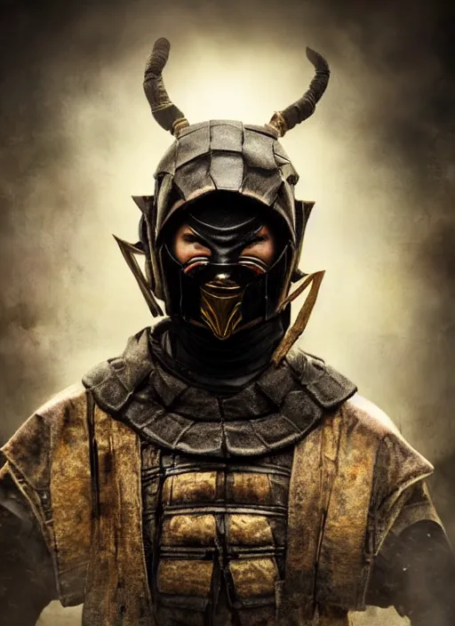 Image similar to samurai portrait, symmetrical face, wearing mempo mask scorpion mortal kombat mask, after a battle, dirt and unclean, extreme detail, cinematic, dramatic lighting render, photorealism photo by national geographic, tom bagshaw, masterpiece