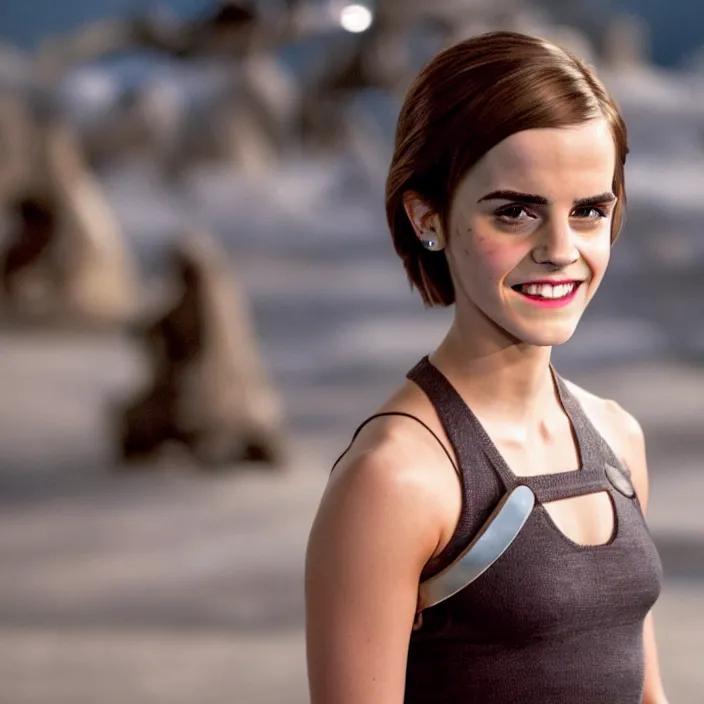 Image similar to Joyful! smiling Emma Watson wearing cyborg prosthetic, from The emperor's new groove (2000). Clear body. Light Clothes. Cinematic. Professional Photo. Low angle. 8k. Clear Face.