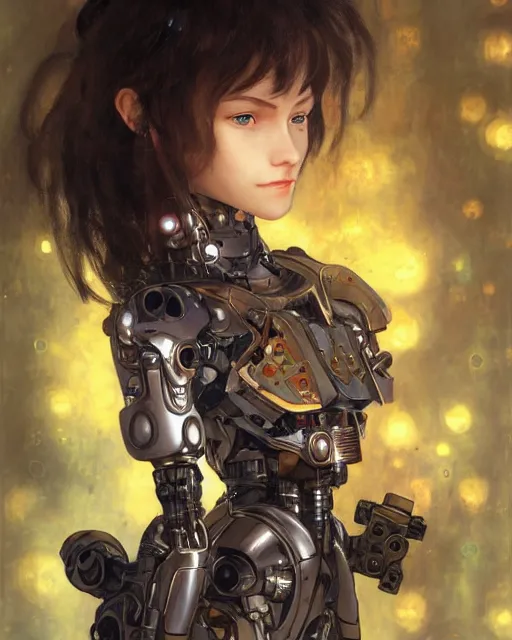 Prompt: portrait of cute beautiful young cyborg maiden, cyberpunk, Warhammer, highly detailed, artstation, illustration, art by Gustav Klimt and Range Murata