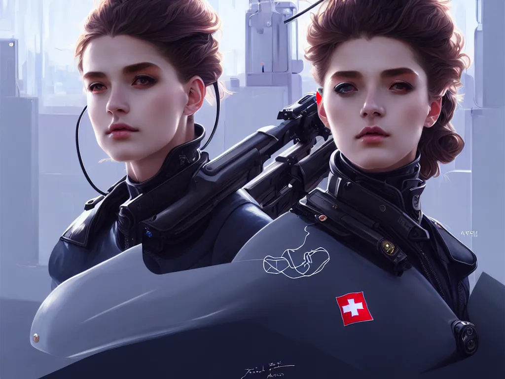 Prompt: portrait futuristic swiss police uniform female, at future neon light rooftop, ssci - fi and fantasy, intricate and very very beautiful and elegant, highly detailed, digital painting, artstation, concept art, smooth and sharp focus, illustration, art by tan zi and ayanamikodon and alphonse mucha and wlop