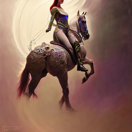 Image similar to psychedelic organic cyborg horseback riding, white holographic plastic, dramatic lighting, fantasy, intricate, elegant, highly detailed, lifelike, photorealistic, digital painting, artstation, illustration, smooth, sharp focus, art by john collier and albert aublet and krenz cushart and artem demura and alphonse mucha