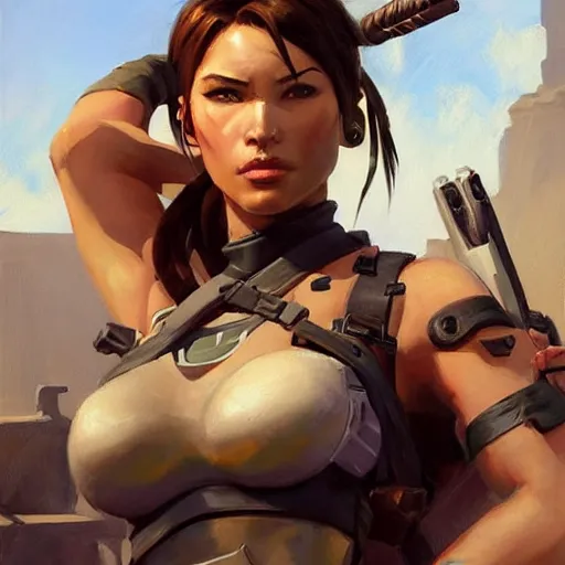 Prompt: greg manchess portrait painting of armored lara croft as overwatch character, medium shot, asymmetrical, profile picture, organic painting, sunny day, matte painting, bold shapes, hard edges, street art, trending on artstation, by huang guangjian and gil elvgren and sachin teng