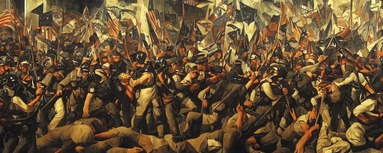 Prompt: armed rioters holding american flags and weapons, fighting armed police forces, police violence, dramatic renaissance mural by diego rivera, chiaroscuro