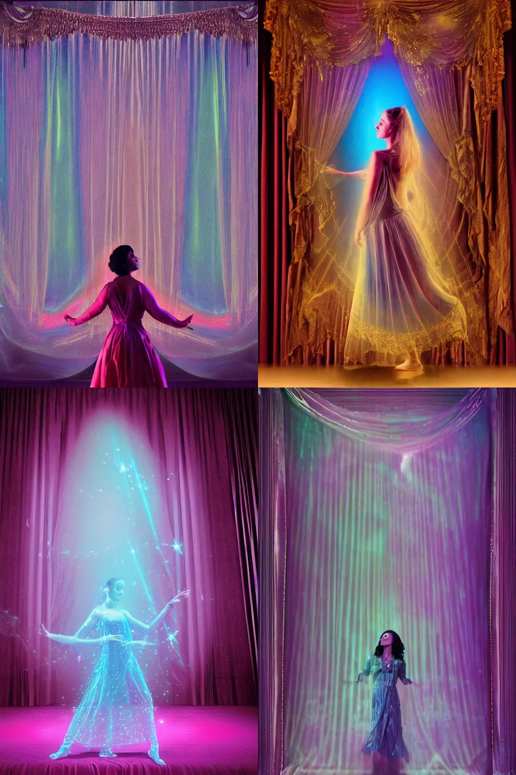 Prompt: featured on cg society, a hologram, a woman standing in front of a curtain, arabesque, movie still, enchanting, photo, by Marià Fortuny