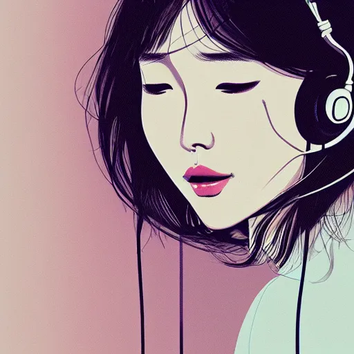 Prompt: an illustration of a beautiful woman listening to music by JeeHyung lee, highly detailed, digital art, trending on artstation