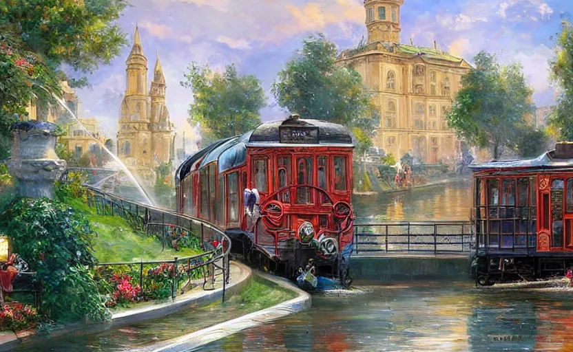 Image similar to Beautiful alchemy urban train that rides inside of a waterway on a fantasy city, next to a fountain and a mystical palace. By Konstantin Razumov, highly detailded