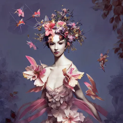 Image similar to 3 / 4 view of a beautiful girl wearing an origami dress, eye - level medium shot, fine floral ornaments in cloth and hair, hummingbirds, elegant, by eiko ishioka, givenchy, craig mullins, by peter mohrbacher, centered, fresh colors, origami, fashion, detailed illustration, vogue, high depth of field, japanese, reallusion character creator