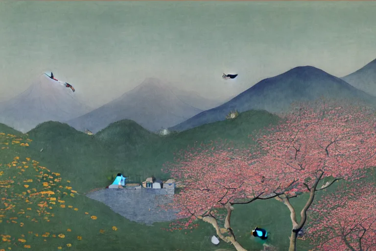 Image similar to an ultradetailed landscape painting of westlake in china hangzhou, pagodas on hills, osmanthus blossoms nearby, fine wind, chinese water color, smooth, sharp focus, illustration, by hilma af klint, 8 k