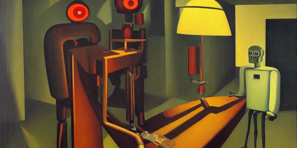 Image similar to evil mastermind robot portrait, grant wood, pj crook, edward hopper, oil on canvas