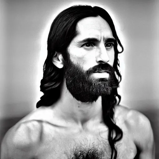 Prompt: photograph portrait of Jesus Christ, B&W, Vogue magazine, modelling photography, taken on 1970s kodak camera, grainy, kodak, fashionable, 4k, very realistic, hiper detailed, studio, 35mm