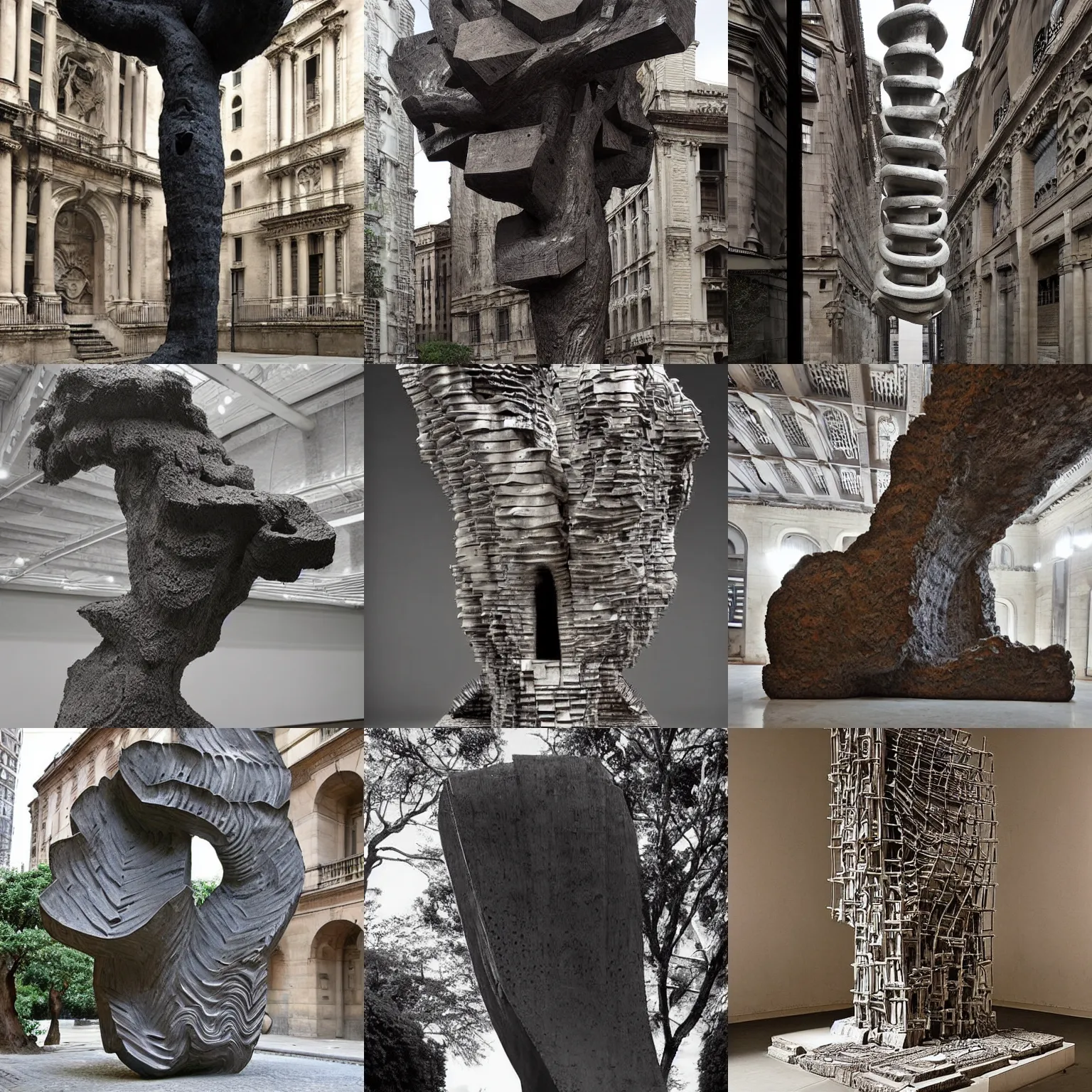 Prompt: Award-winning sculpture by Giovanni Battista Piranesi ((((and Eduardo Chillida)))). The sculpture represents a cloud growing from a tree’s trunk. Made of steel, hyper-detailed. Studio lightning