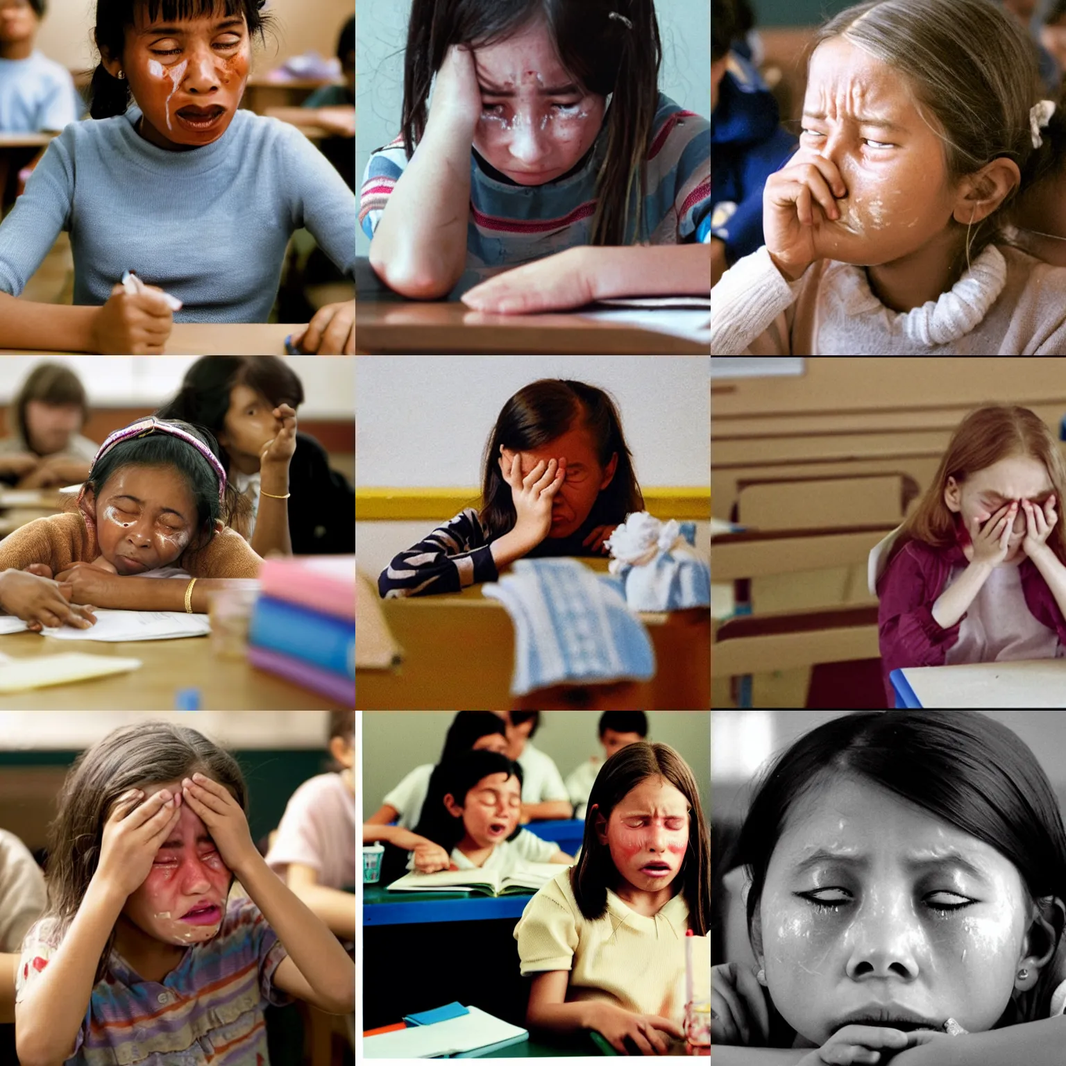 Prompt: photo of a crying ten year old girl in class taken by wes anderson