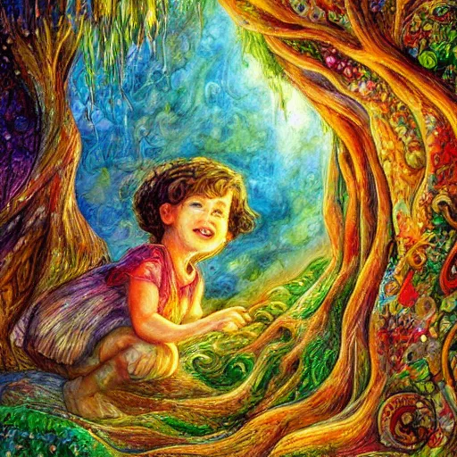 Image similar to a painting of a child and a tree, a storybook illustration by josephine wall, deviantart, metaphysical painting, storybook illustration, detailed painting, whimsical