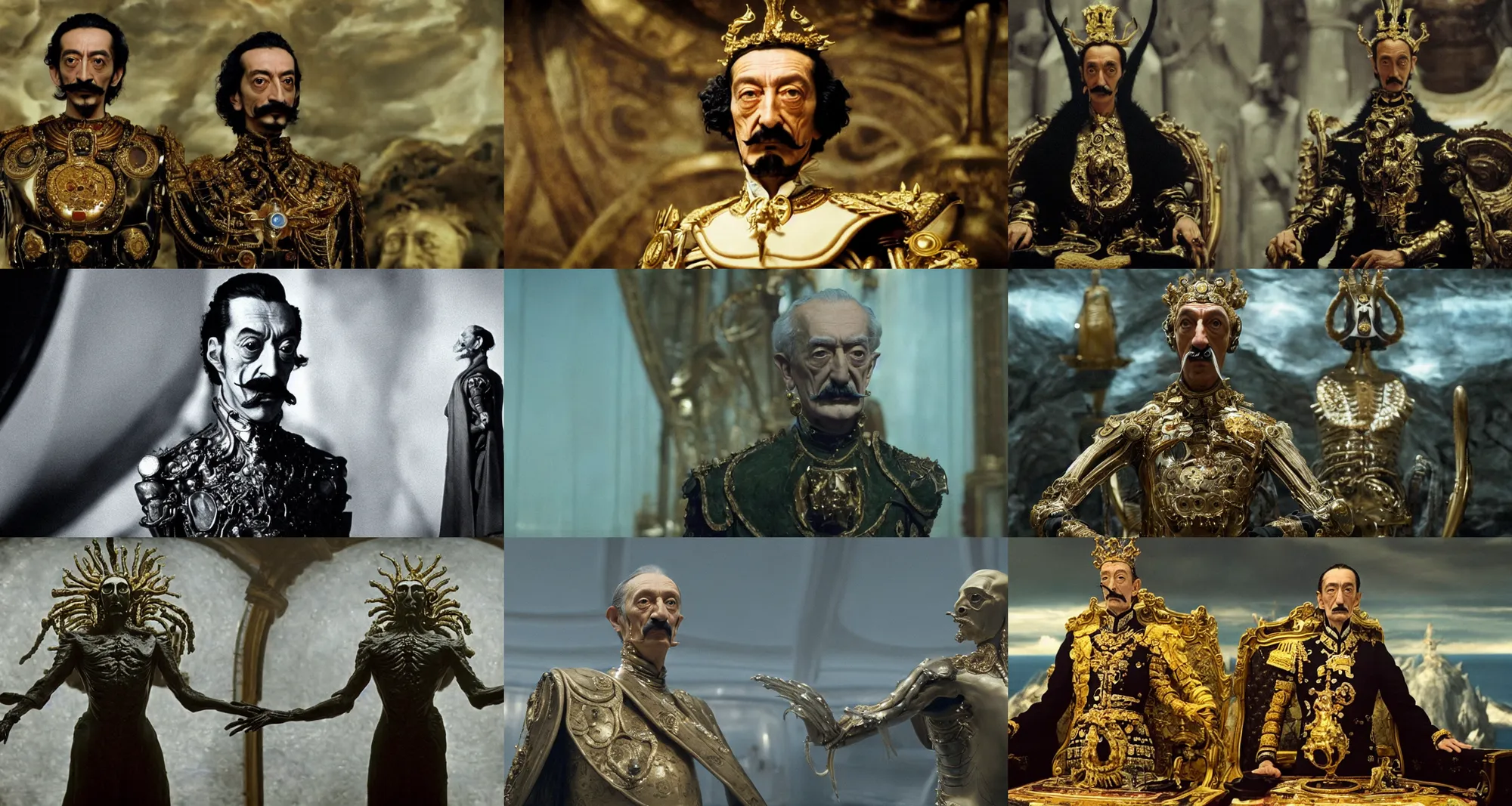 Prompt: the full body shot of arrogant salvador dali in the role of emperor | still frame from the prometheus movie by ridley scott with cinematogrophy of christopher doyle, anamorphic bokeh and lens flares, 8 k, higly detailed masterpiece