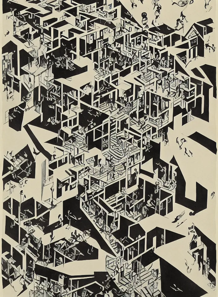 Prompt: life by m. c. escher, endre rozsda, wu guanzhong. ink and wash painting, vibrant, calligraphy, woodblock, ink, geometric, 3 d.