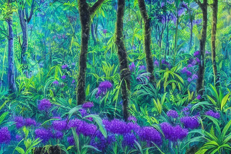 Image similar to A flowery meadow at the edge of a dense rainforest jungle, ultraviolet photography, oil painting