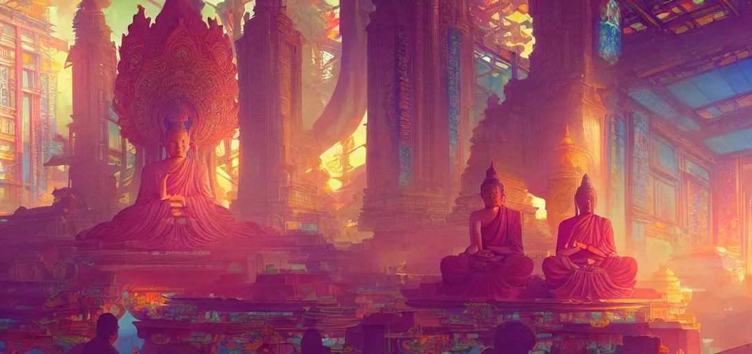 Image similar to a buddhist temple, netrunner accents, vaporwave aesthetic, colorful, psychedelic, digital painting, artstation, concept art, smooth, sharp focus, illustration, art by artgerm and greg rutkowski and alphonse mucha