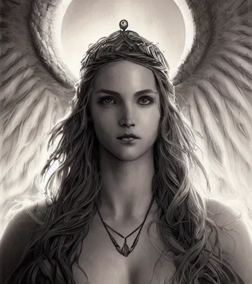 Image similar to beautiful aphrodite goddess wearing an arrow on her head, realistic face, beautiful eyes, black and white drawing, in the style of greg rutkowski, fantasy, amazing detail, epic, intricate, elegant, smooth, sharp focus