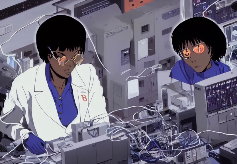 Prompt: dark skin woman wearing a white lab coat with a blue haircut, body connected to wires and surrounded by 1 9 8 0 s computers, in the style of serial experiments lain and gainax evangelion 1 9 9 5, dynamic lighting, dark ambience, one light source, 3 5 mm, cell - shaded, detailed face