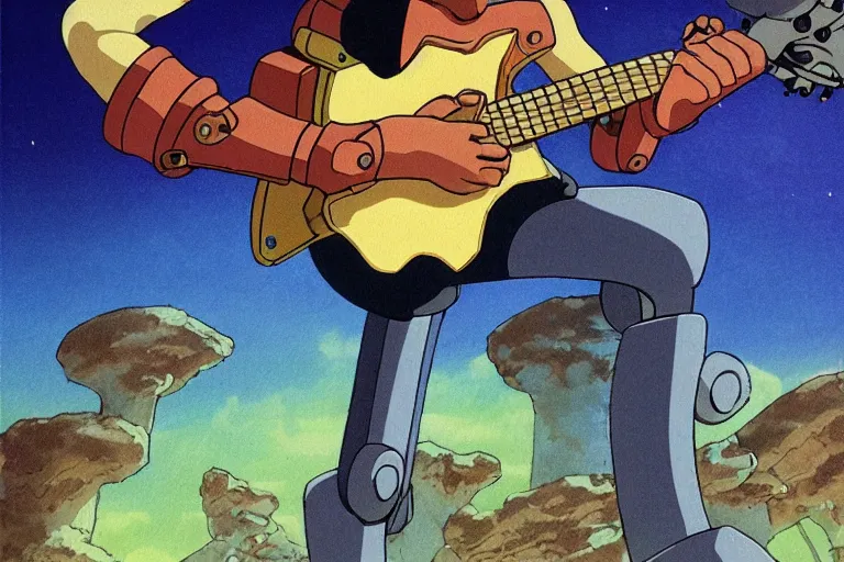 Prompt: A cell animation of a robot playing guitar, Nausicaa of the Valley of the Wind, Miyazaki Hayao, ghibli style, illustration, anime, trending on artstaion